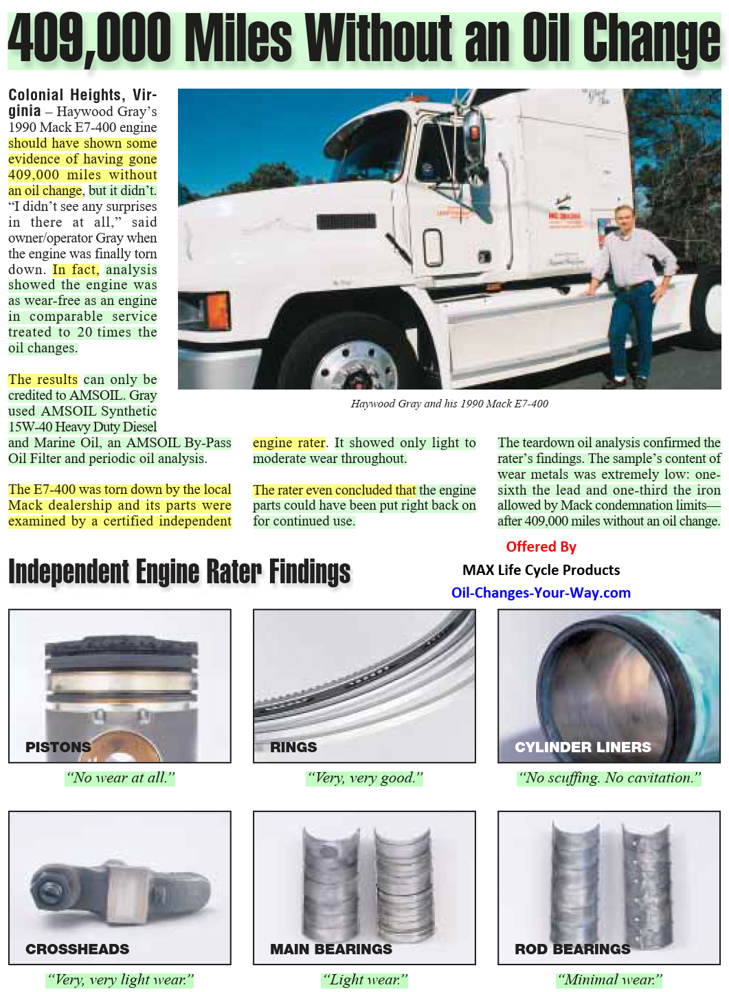 1990 MACK E7 400 Engine went 409,000-Miles Without an Oil Change using AMSOIL Synthetic Lubricants • Teardown Inspection