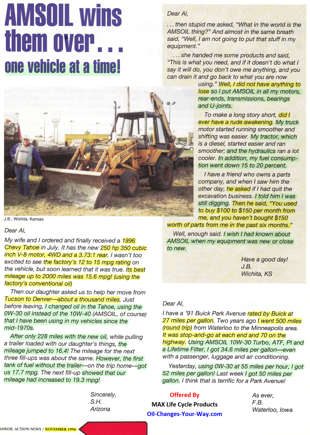 1996 November - MAXIMUM Fuel Efficiency (MPG) Performance also AMSOIL Wins Them Over... One Vehicle at a Time!