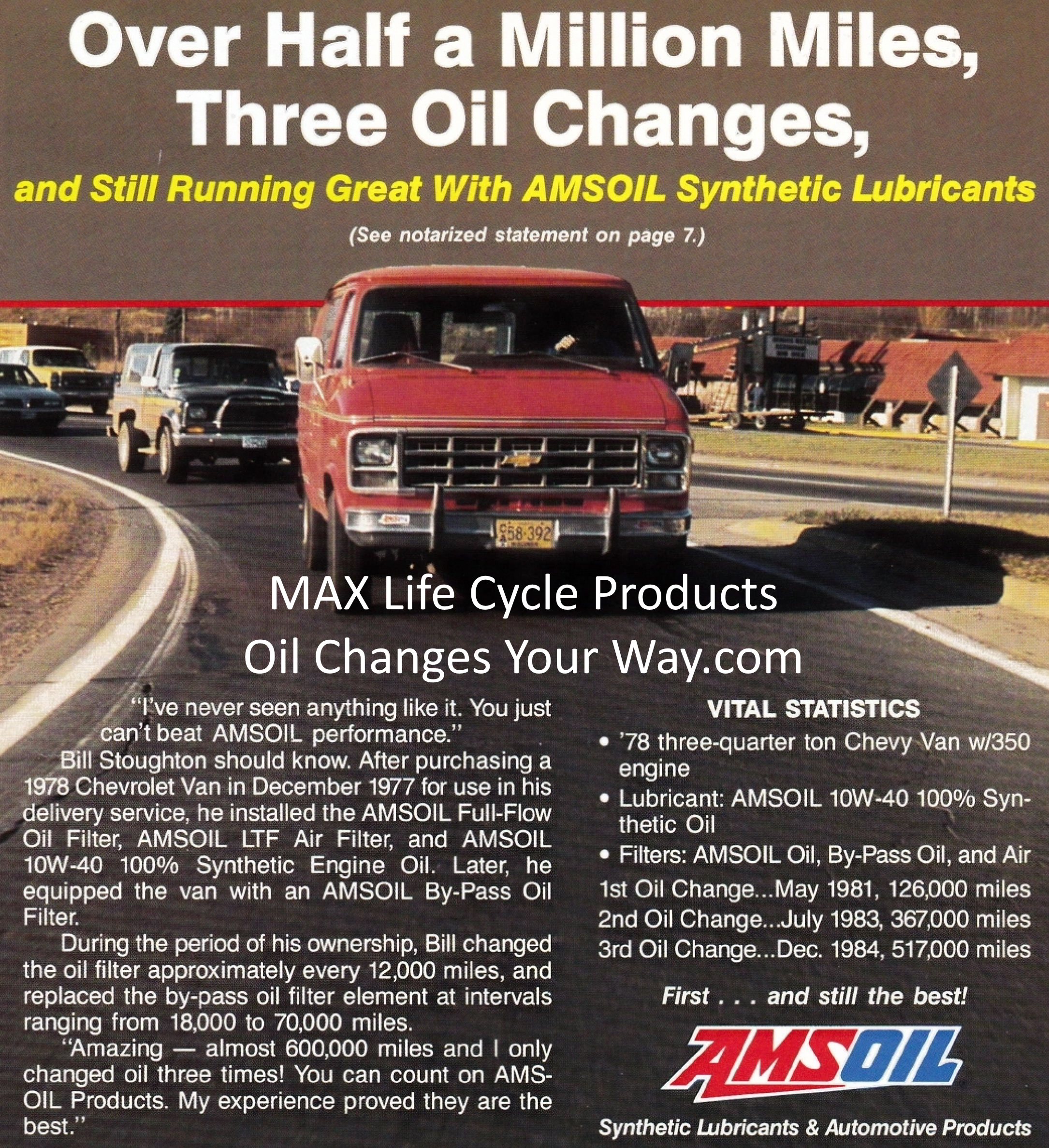 1978 Chevy Van goes Over 500,000-Miles on Just 3 Oil Changes using AMSOIL Synthetic 10W-40 Motor Oil